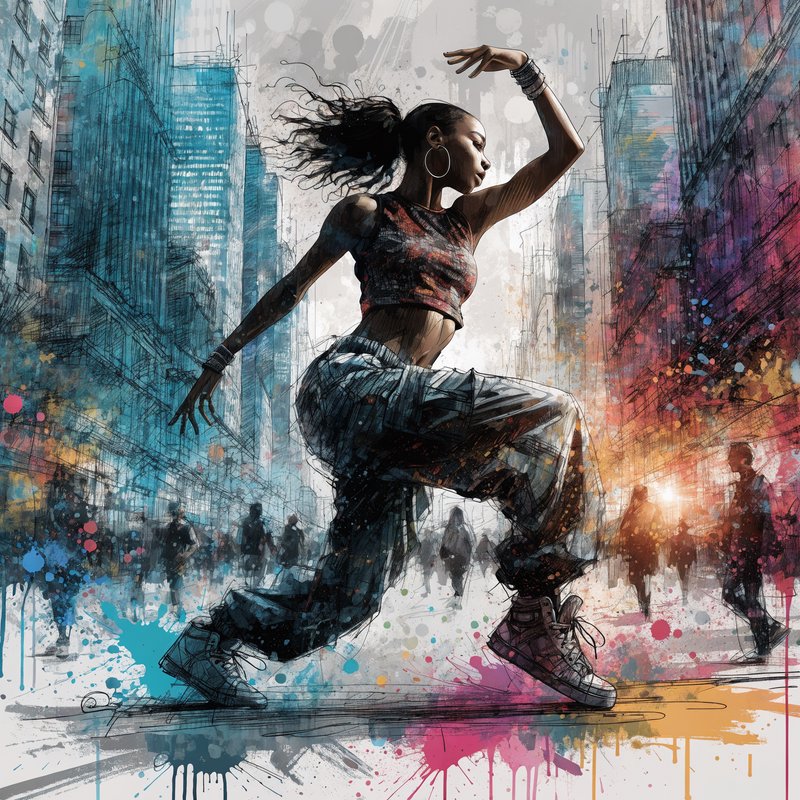 Woman dancing in an urban street with colorful paint splashes and city buildings.