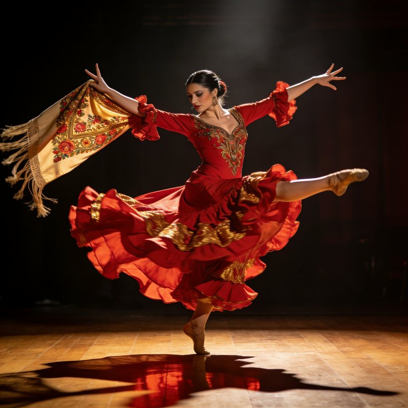 Flamenco dancer in a red dress with gold embroidery, mid-leap on a stage with shawl.