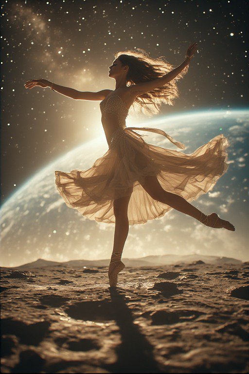 Ballerina in a flowing dress dancing on the moon with Earth in the background