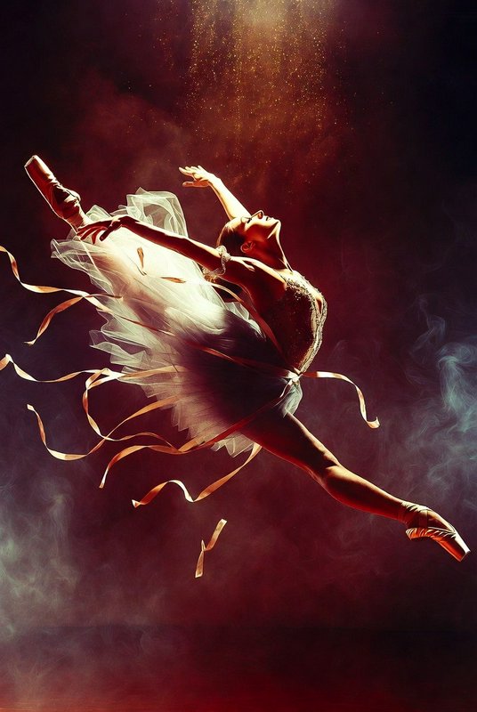 Ballet dancer mid-leap in a white tutu with ribbons on a smoky, dramatic stage.