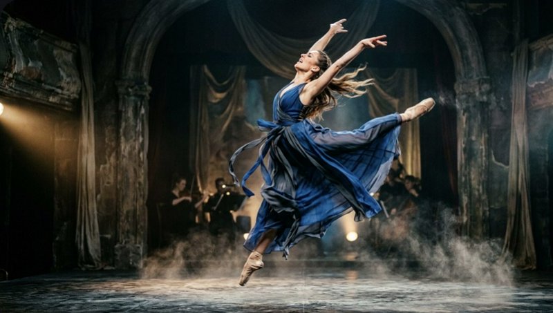Ballet dancer in a flowing blue dress leaps mid-air on a smoky theater stage.