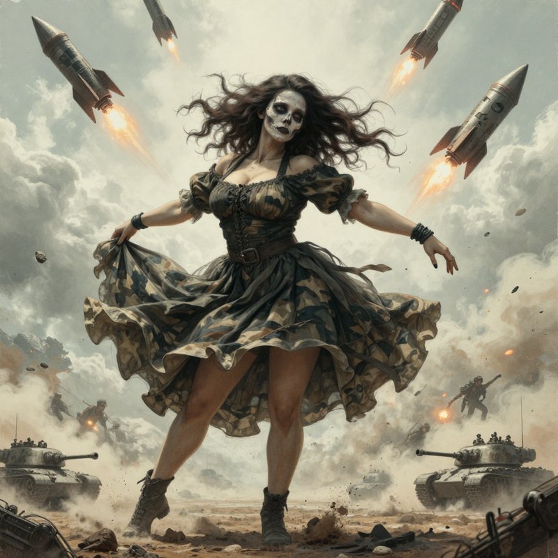 Woman with skull makeup in a tattered camouflage dress dancing on a war-torn battlefield as rocke...