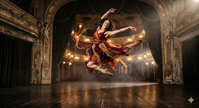 Dancer in a flowing red dress leaps mid-air on an ornate theater stage with warm lights and dust ...