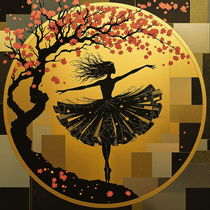 Silhouette of a dancing ballerina under a flowering cherry tree inside a golden circular frame.