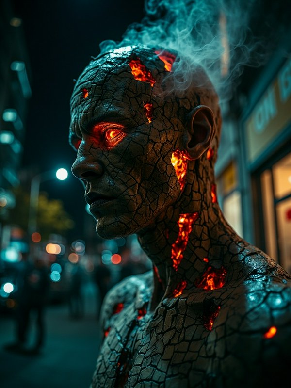 Cracked lava-kin creature with glowing orange eyes on a city street at night