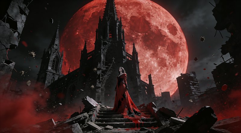Woman in a flowing red cloak stands on ruined cathedral stairs beneath a colossal red moon.
