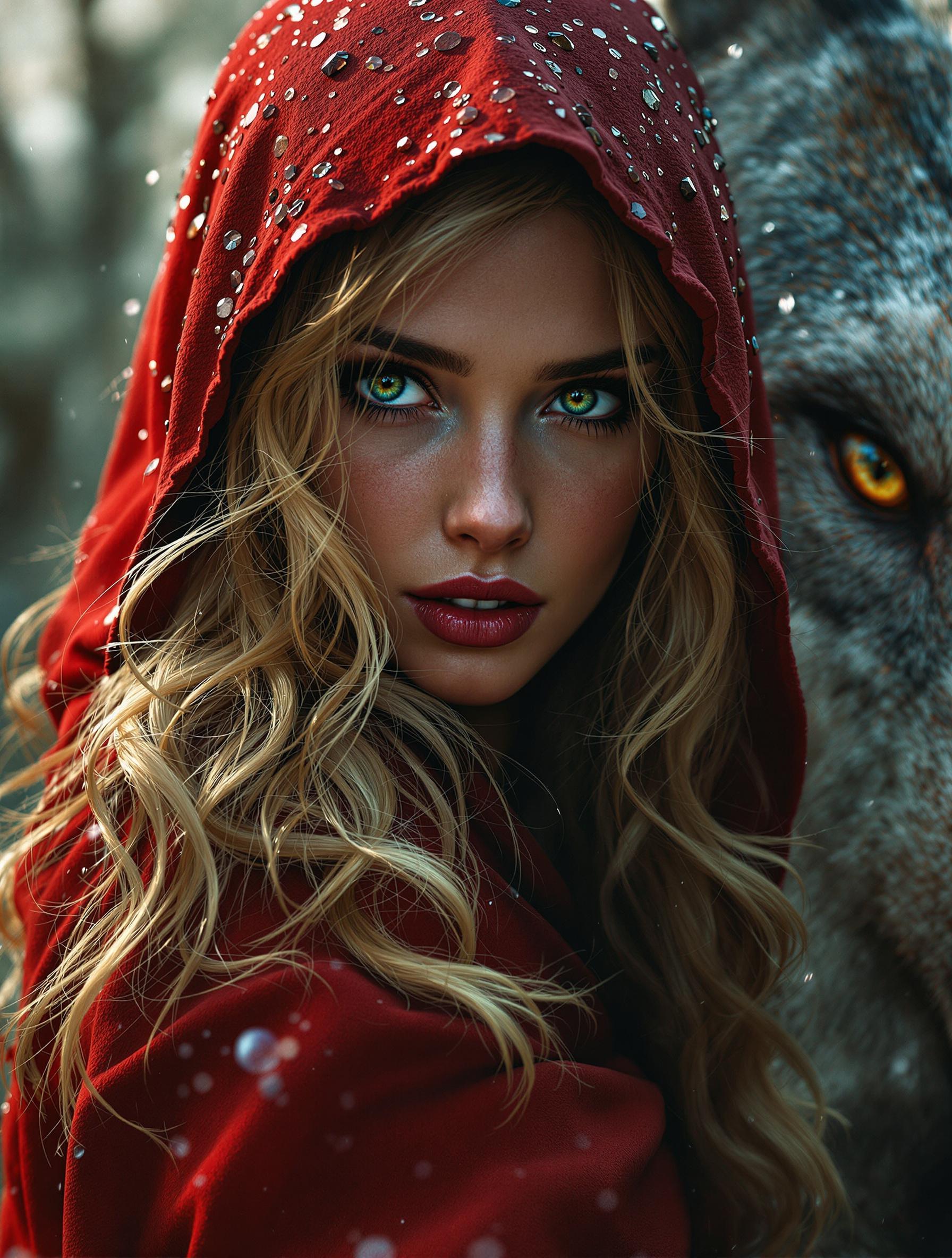 Close-up of a woman in a red hooded cloak with blonde curls, green eyes, snow, and a wolf beside her.