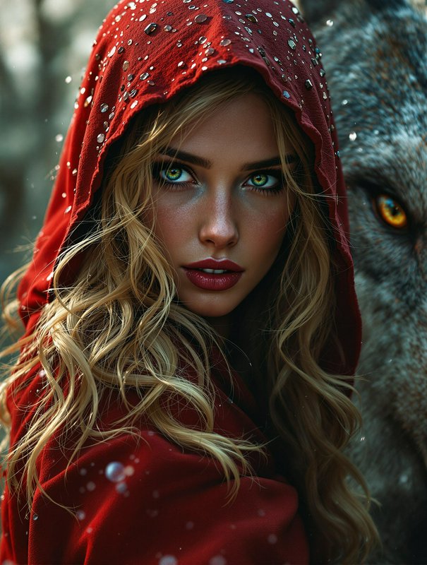 Close-up of a woman in a red hooded cloak with blonde curls, green eyes, snow, and a wolf beside her.