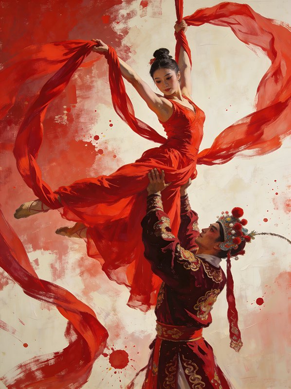 Dancer in a red flowing dress suspended by ribbons, lifted by a performer in ornate traditional c...