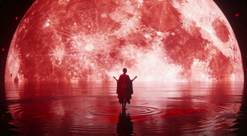 Person in a red cloak stands on water facing a colossal red moon in a surreal cosmic scene.