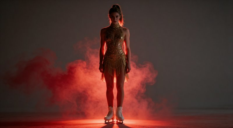 Figure skater in a gold costume standing center stage amid red smoky fog.