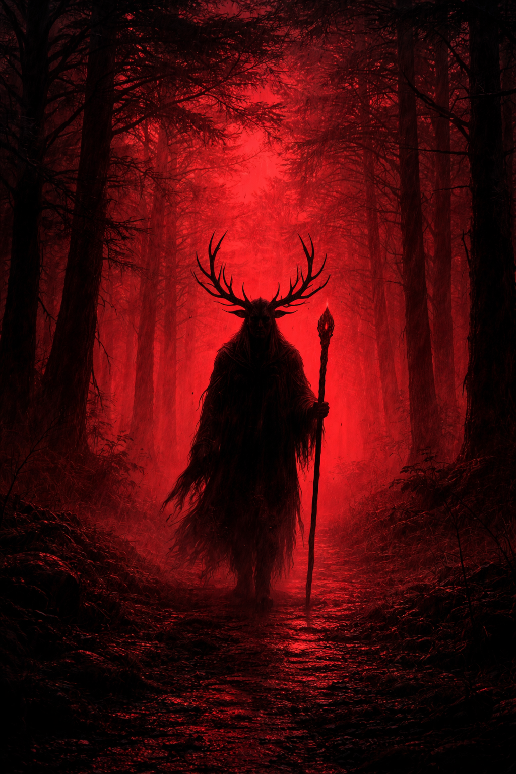 Silhouette of a horned forest figure with a staff in a red-tinged, eerie woods.
