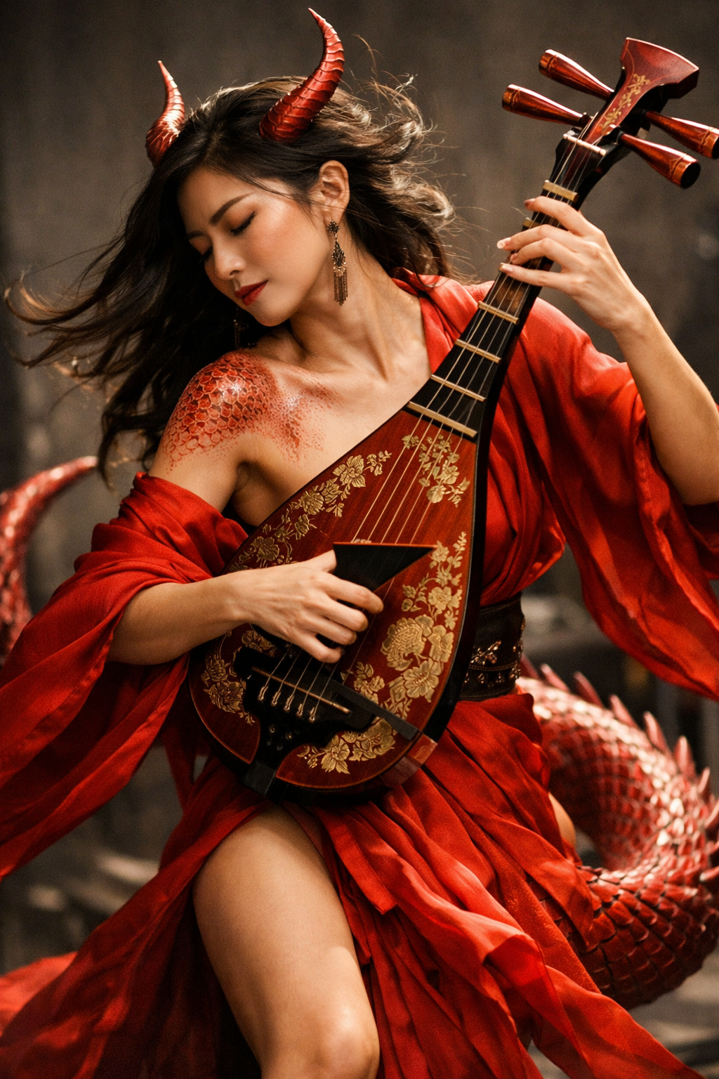 Woman in a red flowing dress with red horns playing a decorated pipa with dragon pattern.