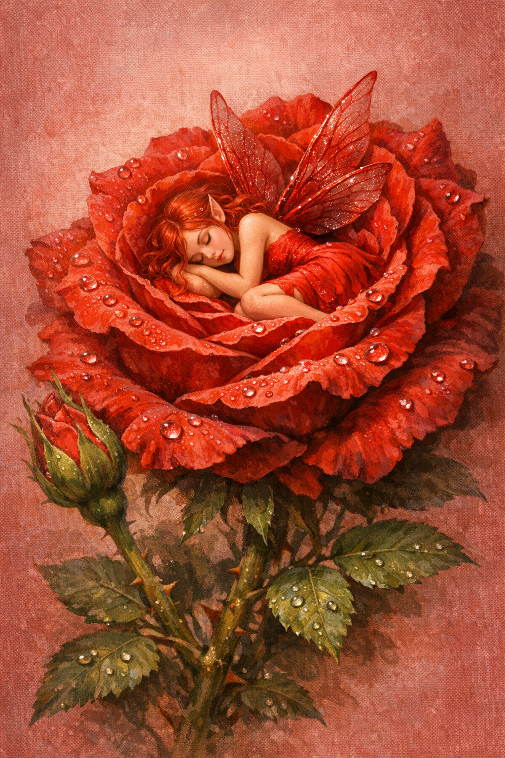 Sleeping fairy nestled inside a red rose with dew droplets on the petals