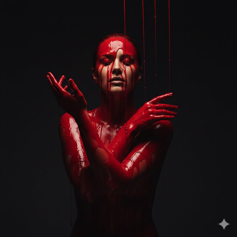 Person covered in dripping red paint against a dark background, arms crossed in a moody portrait.