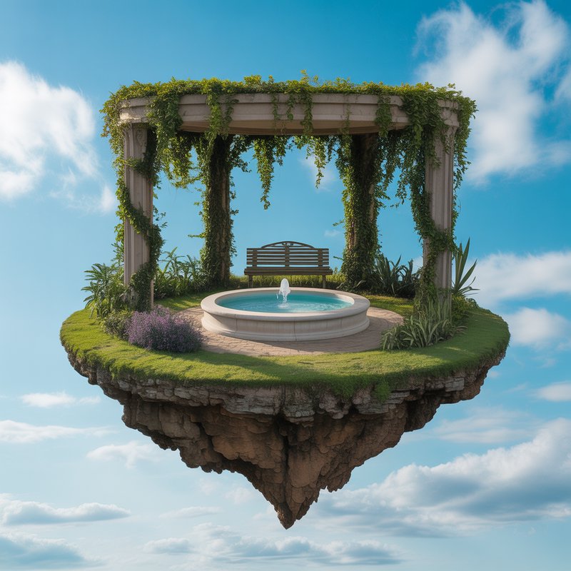 Floating grassy island with ivy-covered pergola, bench, and circular pool in the sky.