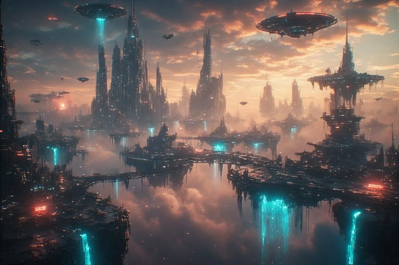 Futuristic neon cityscape with towering spires, floating platforms, and flying craft.