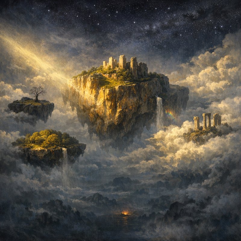 Surreal floating islands with ancient castle ruins among clouds under a starry night sky.