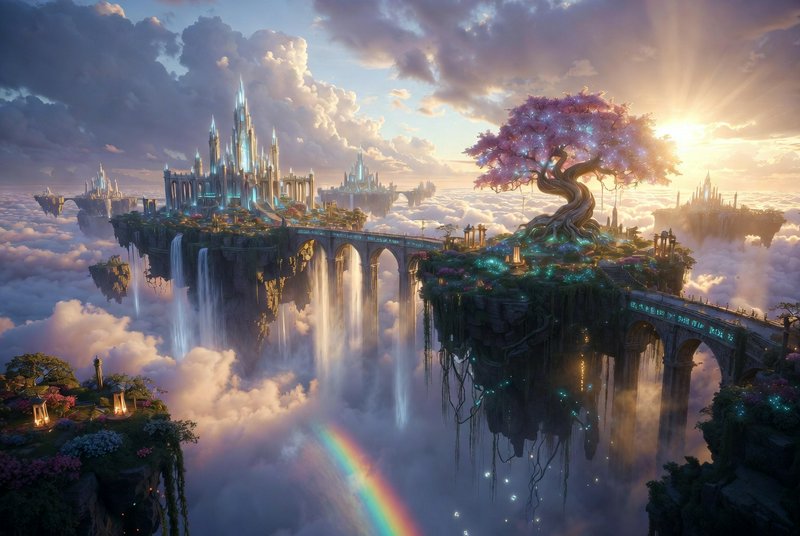 Floating city with crystalline towers, waterfalls, and a glowing pink tree on a bridge above the ...