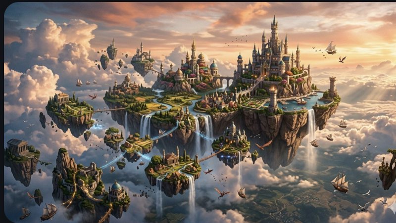 Floating islands with a grand castle city in the clouds at sunset.