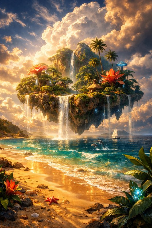 Floating tropical island with waterfalls, palm trees, and sunset over turquoise sea.