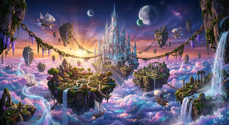Floating island landscape with a glowing crystal castle connected by chained bridges and airships.