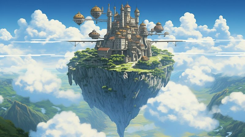 Floating island with a sprawling castle city connected by bridges, perched above the clouds.