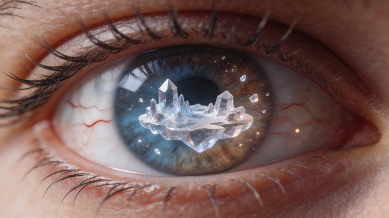 Close-up of an eye with a crystal ice formation reflected in the pupil.