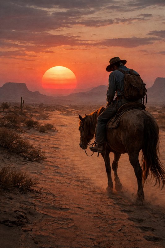Cowboy on horseback along a dusty desert trail at sunset with distant mesas.