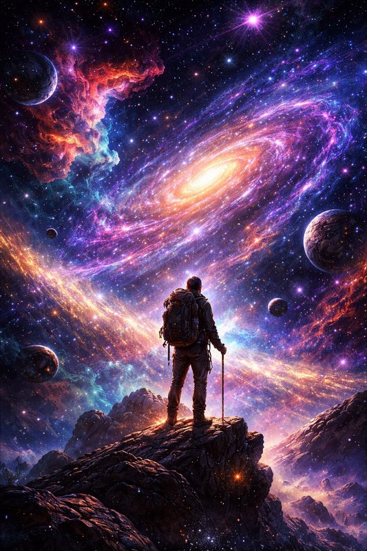 Astronaut on a rocky cliff gazing at a vibrant spiral galaxy and planets in deep space.