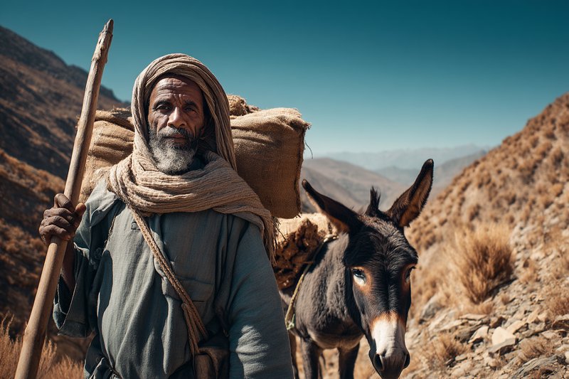 An elderly man in desert robes with a staff and a donkey on a rugged arid mountainside.