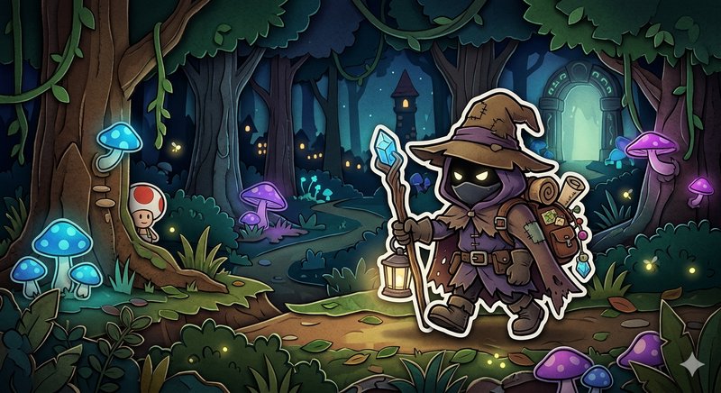 Cartoon hooded wizard with staff walking through a glowing forest at night