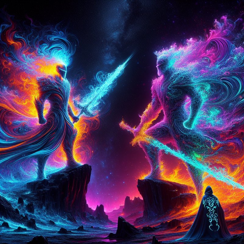Two neon-colored warriors duel with glowing swords on rocky cliffs, under a cosmic, vibrant night...