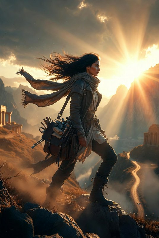 Female explorer on a rocky cliff at sunset with a scarf and packed backpack.