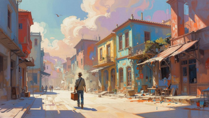 Colorful sunlit street scene with a man carrying a briefcase walking past vibrant buildings.