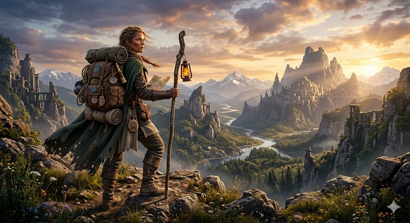 Heroic traveler with a lantern and backpack overlooking a fantastical river valley at sunset.