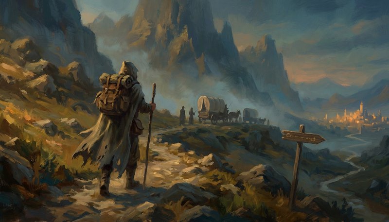 A lone traveler with cloak and staff on a rugged mountain path toward a distant village and caravans.
