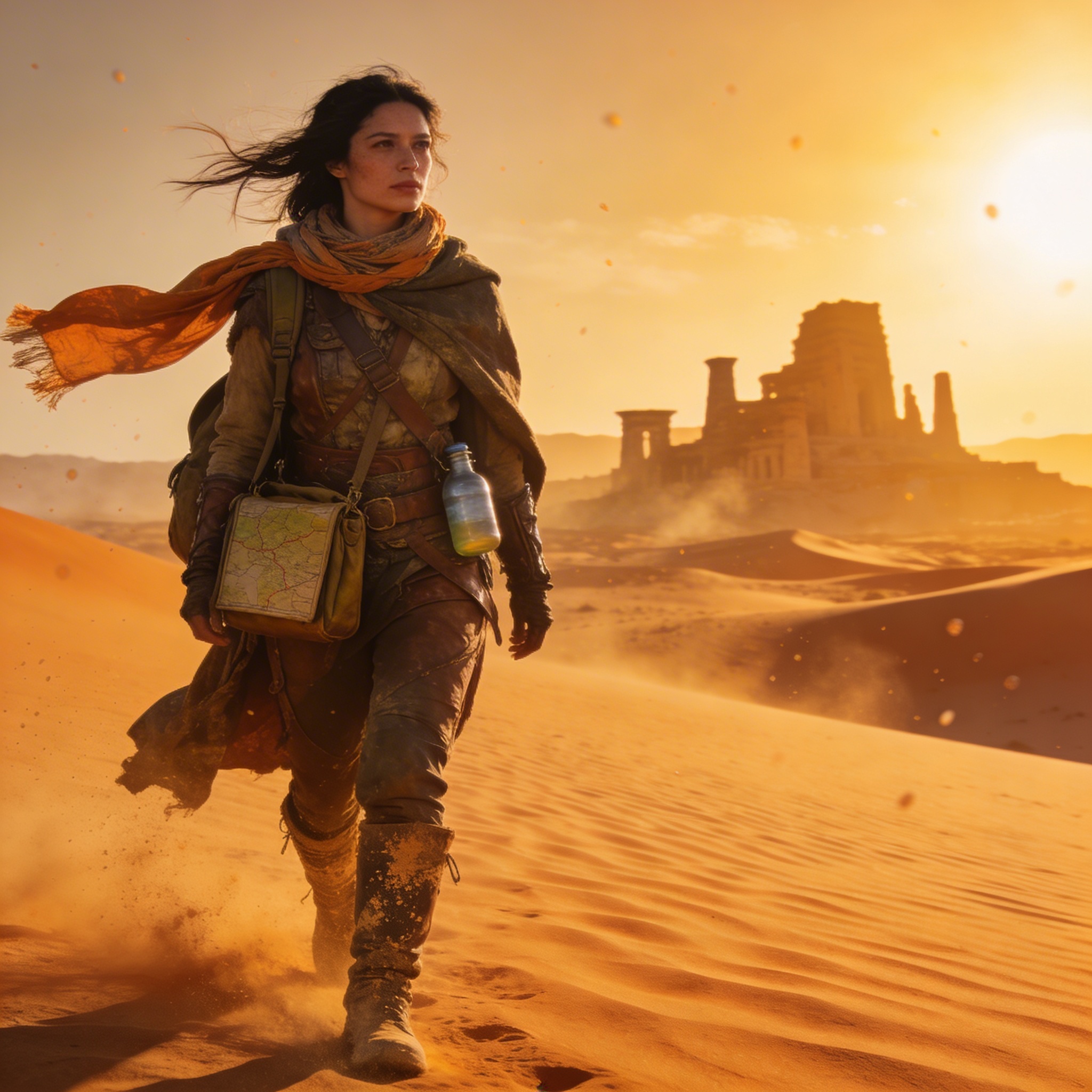 Female explorer walking through orange desert dunes with scarf, map bag, and ancient ruins in the background