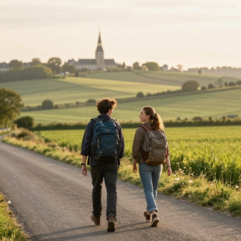Two hikers with backpacks walk along a rural road toward a distant village church at sunset.