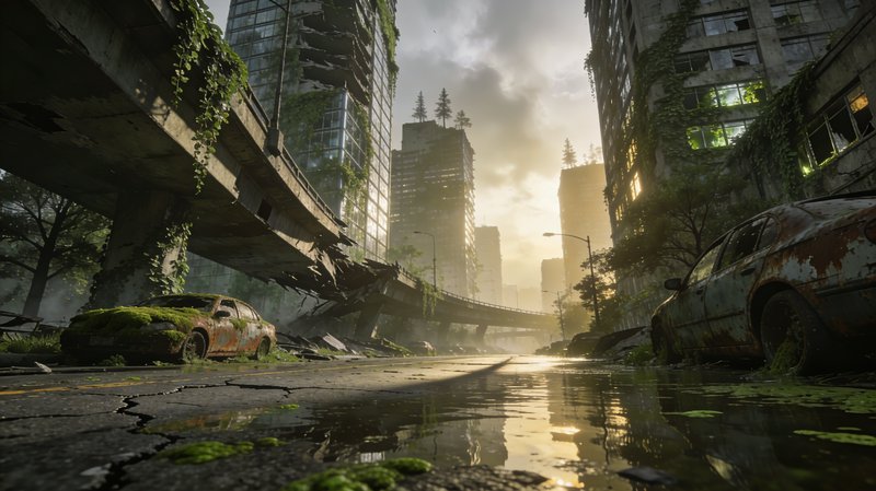 Desolate urban street after collapse with crumbling elevated highway, rusted cars, and overgrown ...
