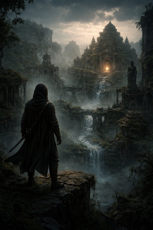 On a cliff, a cloaked figure gazes toward a glowing ancient temple city shrouded in mist.