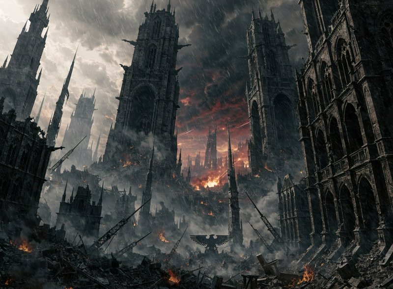 A desolate gothic city in ruins with towering spires, flames, and smoke.
