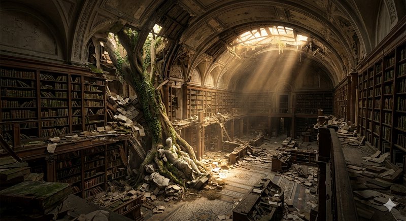 Abandoned library with a tree trunk growing among ruined shelves and sun rays streaming through a...