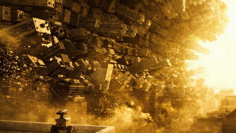 Upside-down city skyline with tilting skyscrapers in a sepia-toned, apocalyptic scene.