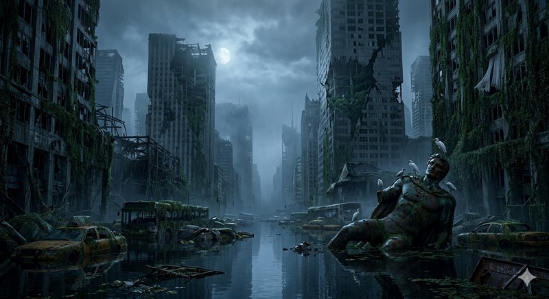 Post-apocalyptic flooded city street with ruined skyscrapers and a large reclining statue amid de...