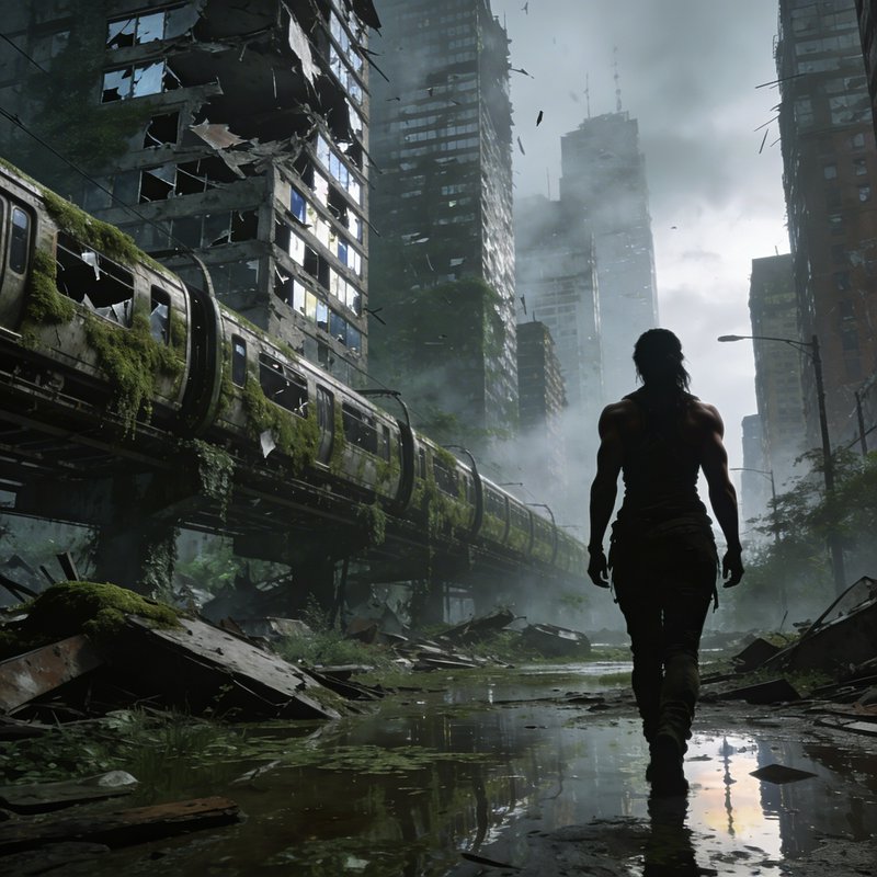 Silhouette of a lone survivor walking through a flooded, ruined city with mossy buildings and a derelict elevated train.