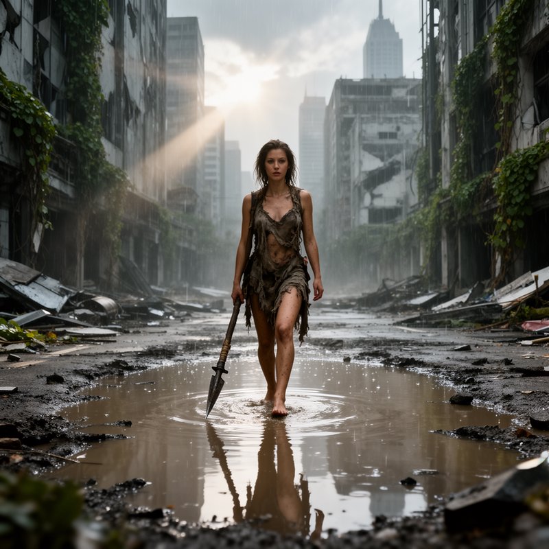 Post-apocalyptic woman in torn clothing walks through a flooded urban street with a spear.