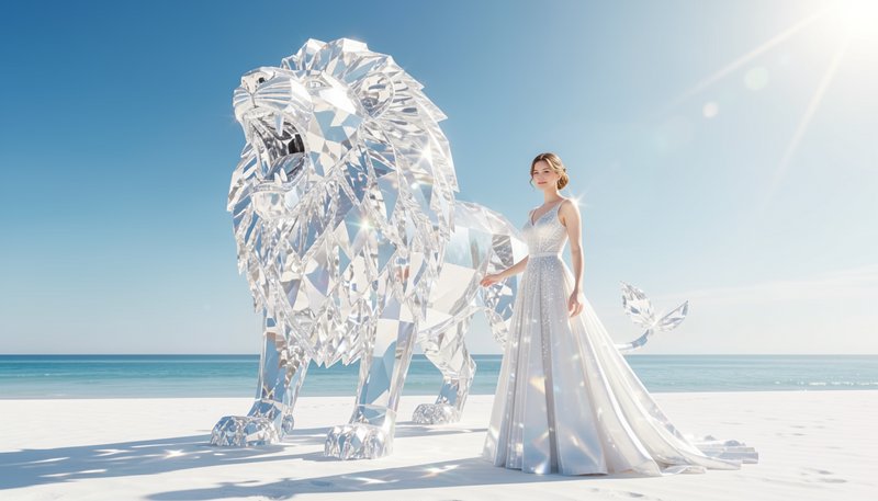 Bride in a white wedding gown beside a crystal glass lion on a sunny beach.