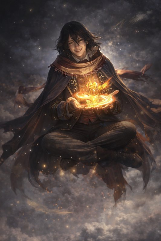 Young mage levitating in a cloak, cradle of glowing orange crystals in hands.