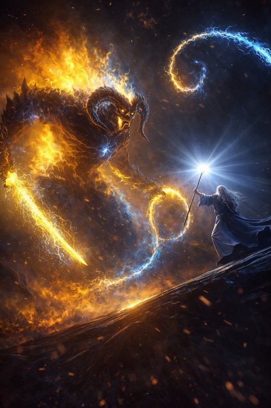 Wizard battles a fiery dragon demon with ice-blue and orange-yellow energy on a dark volcanic lan...